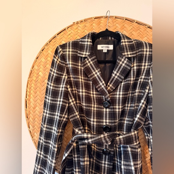 LE SUIT TRENCH-STYLE ELONGATED BELTED 90’S B&W PLAID JACKET SHOULDER PADS LINED - Picture 7 of 16